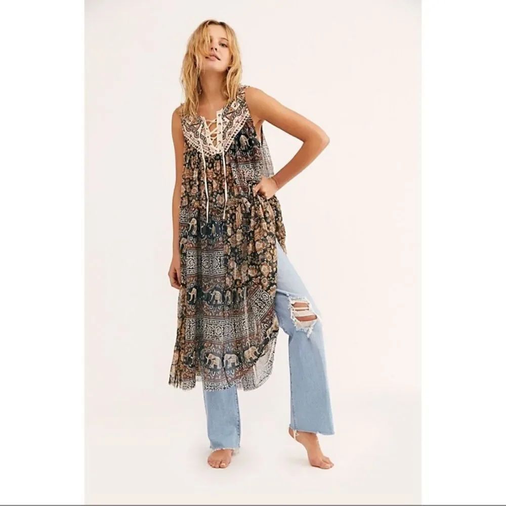 Free People The Wanderers Embroidered and Sheer Elephant Top Dress Size XS